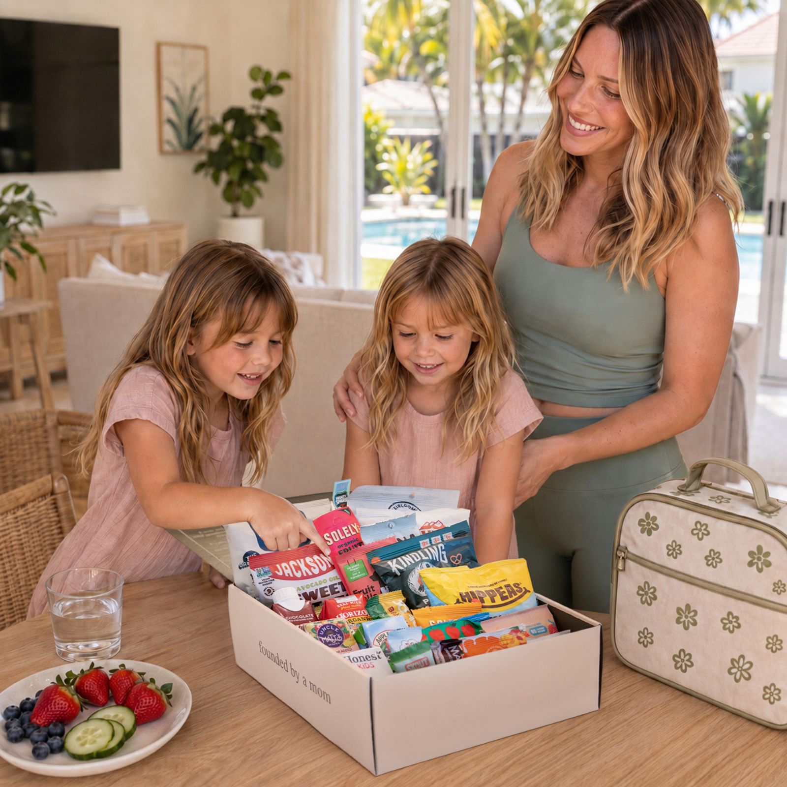 Family preparing school snacks from an open The Snack Edit box